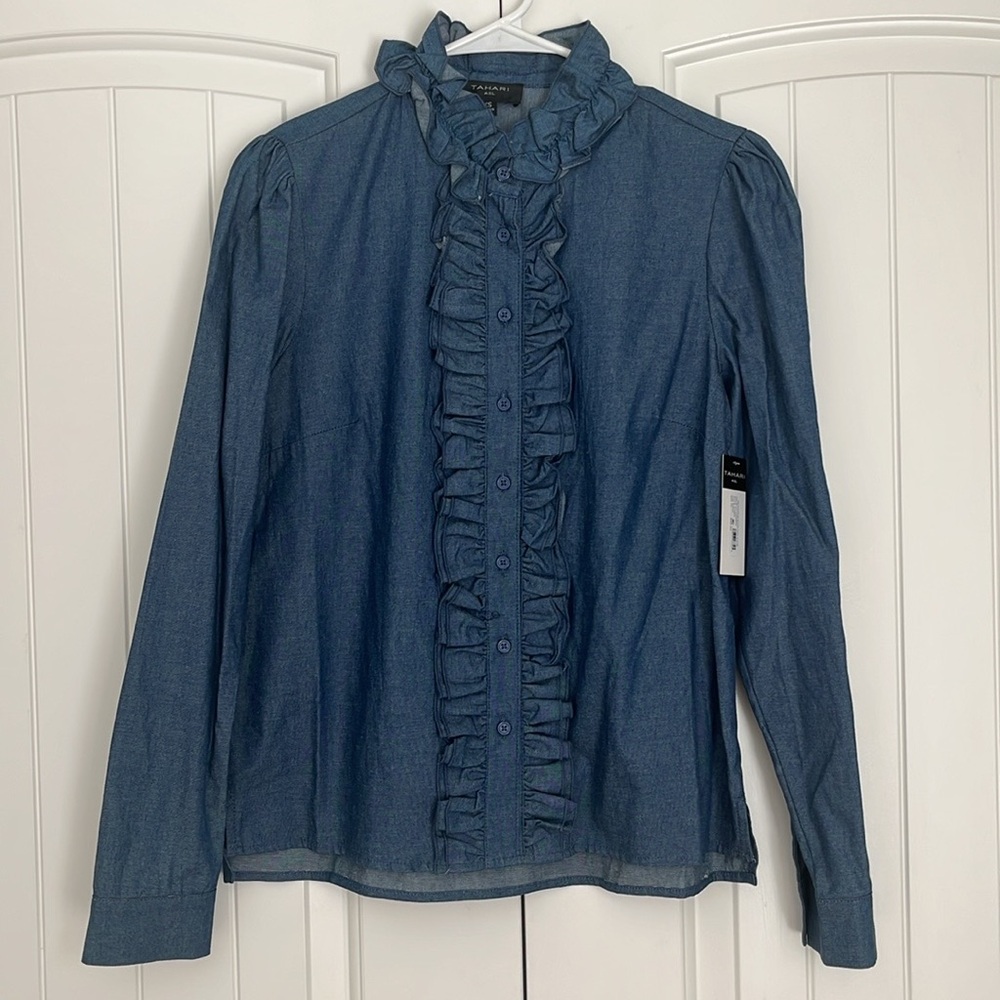 Tahari Denim Ruffled Blouse